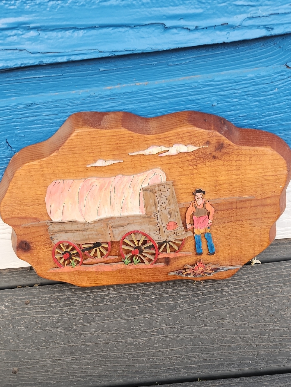 Hand-Carved Covered Wagon Wood Plaque with Cowboy